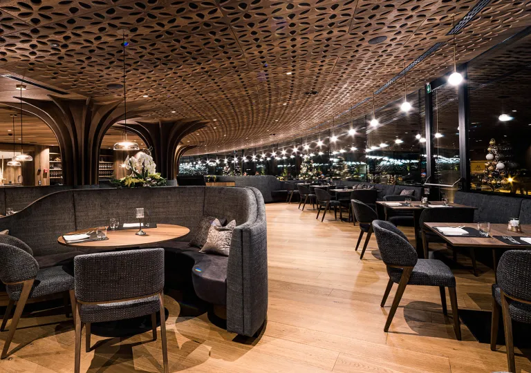 Dining hall with gray tables and chairs