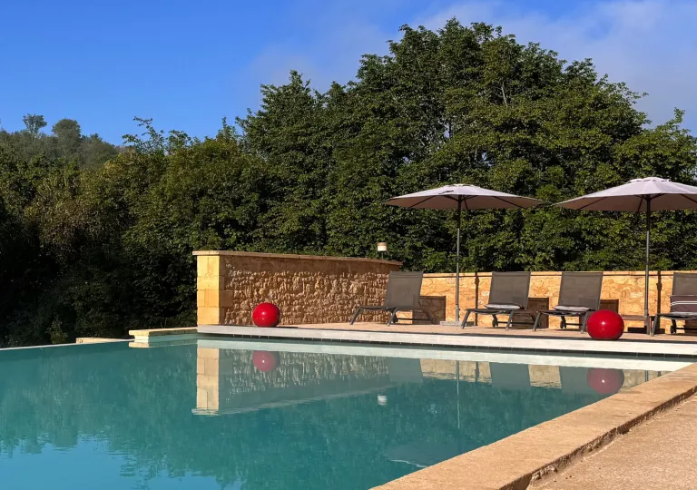 Outdoor pool with large trees in the background
