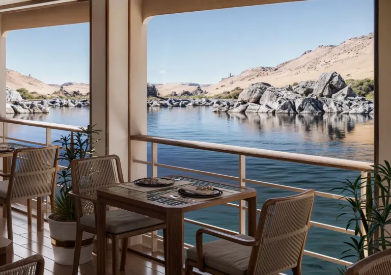 Open-air dining area aboard a luxury Nile River cruise ship, featuring wooden tables and woven chairs positioned beside large open windows. The view overlooks calm river waters, granite rock formations, and golden desert hills.