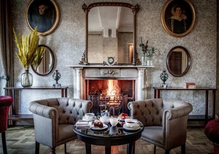 Lounge and seating area with two cushioned chairs in front of a fireplace