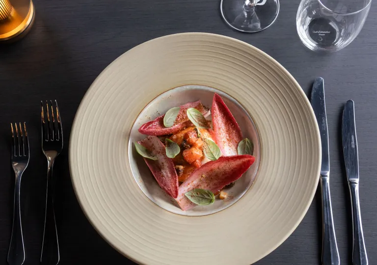 An elegant fine-dining dish featuring a vibrant arrangement of red endive leaves, fresh basil, and seasonal produce served in a white, circular ceramic bowl at the Black Sand Hotel in Ölfus, Iceland.