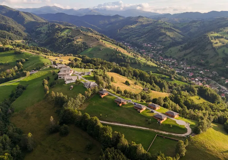 Sky view of a large, grassy valley with tall mountains in the distance