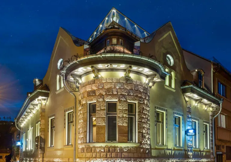 Exterior view of stone, castle-like building