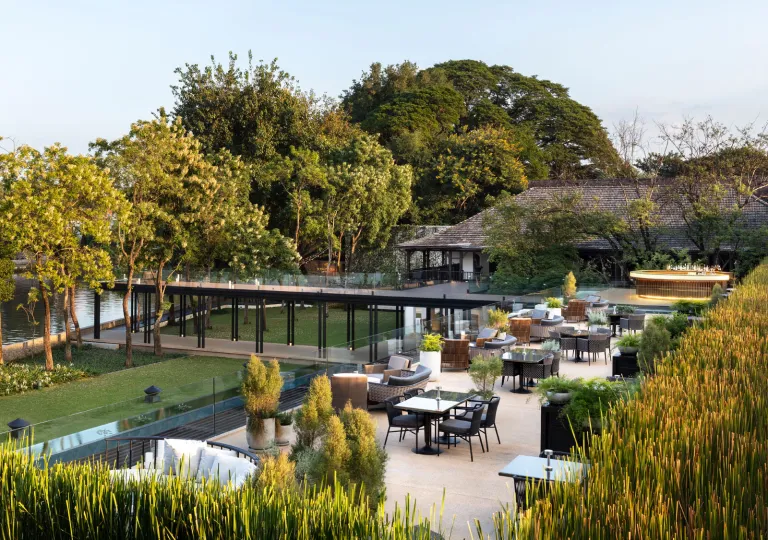 Outdoor patio and garden with chairs and tables, and large trees