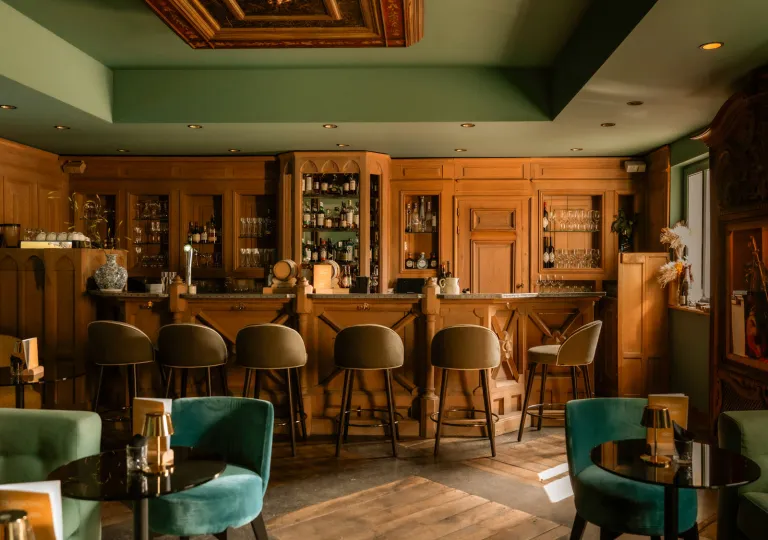 Bar and lounge with wooden walls and brown bar stools