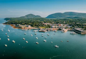 Boats scattered throughout the ocean next to a seaside town