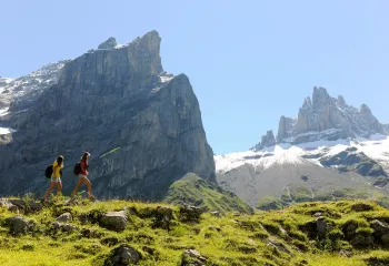 Two men on a grassy path looking at mountains