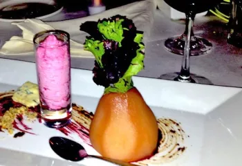 Tekarras poached pear salad with beet foam