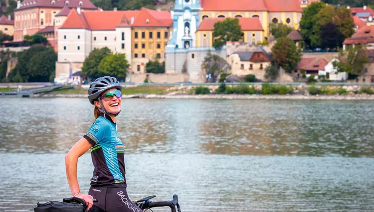 Backroads Biker on the shores of the Danube River 