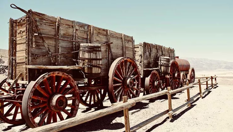 Twenty mule team wagon at the Harmony Borax Works in Death Valley