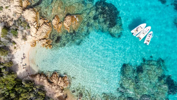 Overhead shot of guests on the beach, some are on small boats in the water.