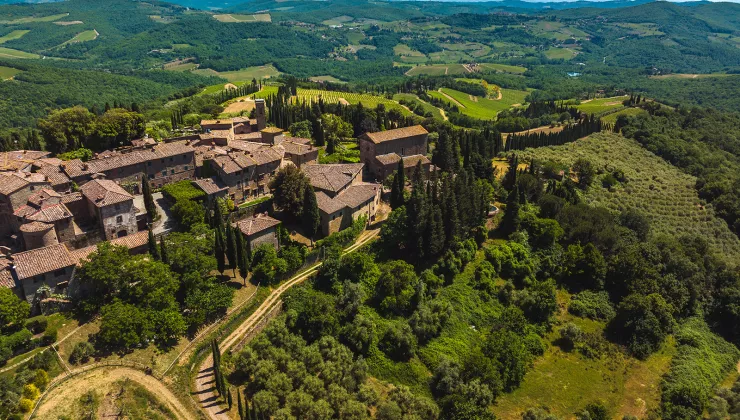 Bird's eye shot of Italian countryside villa and vineyard.