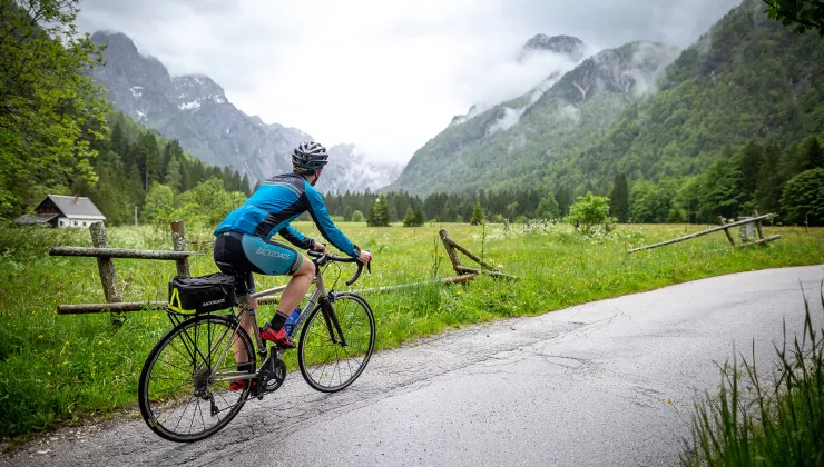 Woman biking looking at a grassy field
