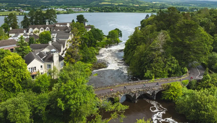 Stone bridge surrounded by trees with a river flowing underneath