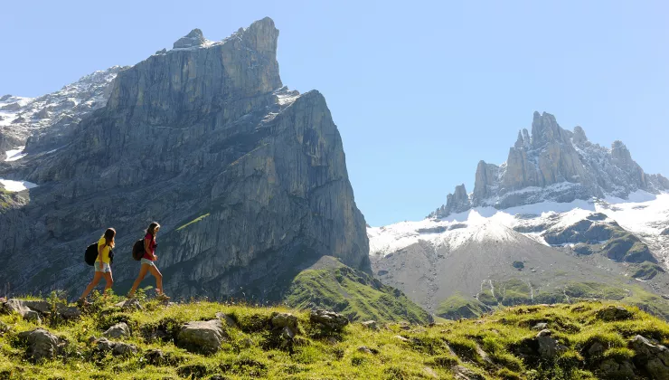 Two men on a grassy path looking at mountains