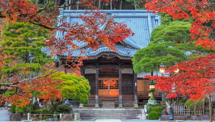 Japanese-style building surrounded by red and green trees