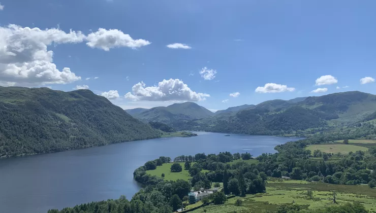 Large lake with grassy area and tall trees to the right