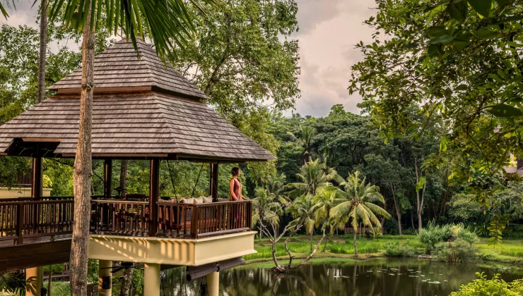 Woman standing on an outdoor patio looking into a jungle and a small lake