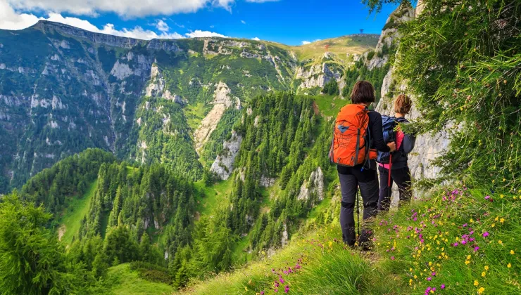 Two people walking on a grassy trail, with views of tall mountains