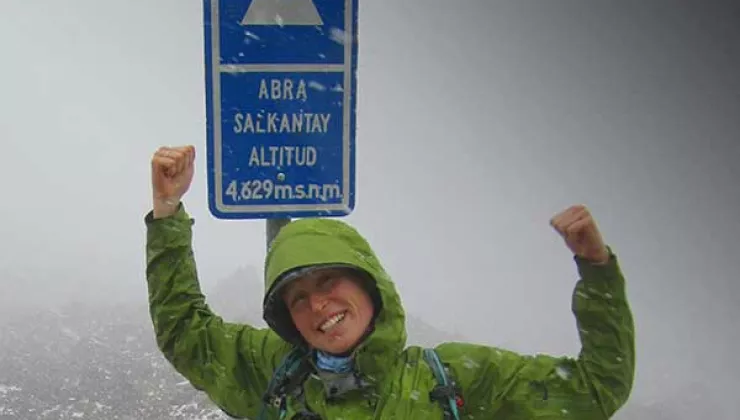 Backroads leader Heather Hendrie summiting Mt. Salkantay near Machu Picchu