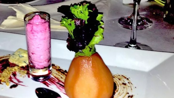 Tekarras poached pear salad with beet foam
