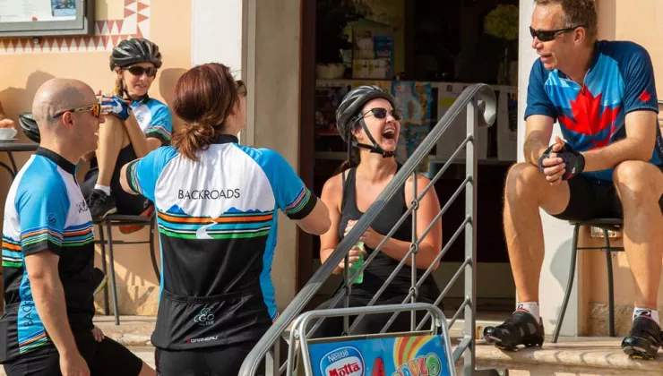 Backroads bikers socializing at a coffee shop