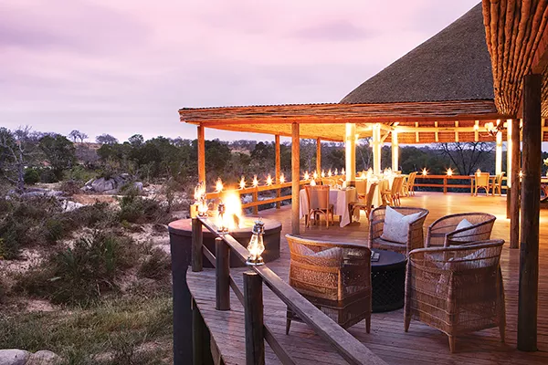 Balcony with fairy lights and view