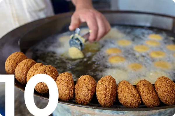 10 over an image of Israel food being fried 