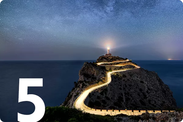 text:5; image: lit up path leading to a lighthouse