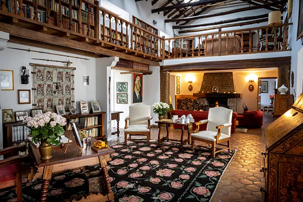 living room with wood features and bookcases lining the walls