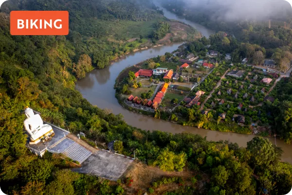 River winding through forested area with temple