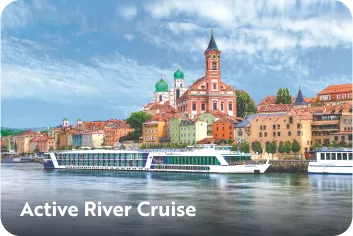 Large ship in front of a town, sailing through a river