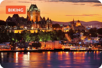 Evening view of a town with a lake in front