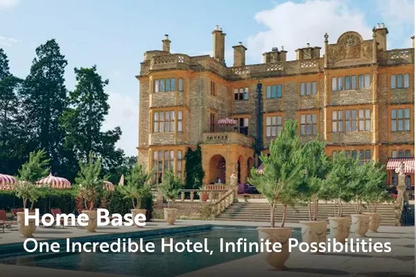 Stone hotel with text overlay