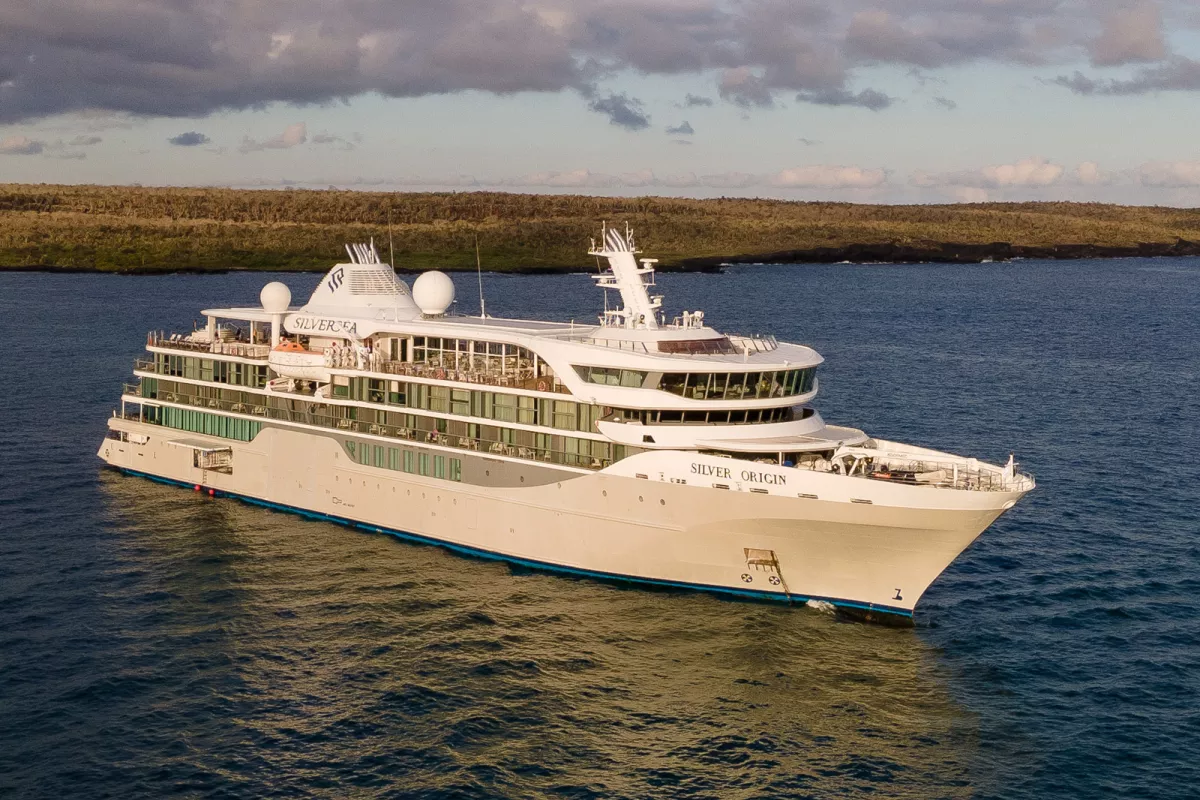 Exterior view of large cruise ship with an open valley in the background