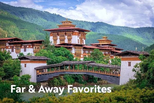 Temple in the mountains with text overlay "far & away favorites"