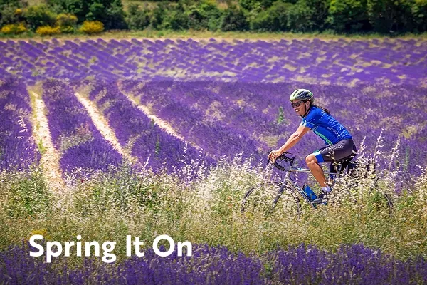 Cyclist in backroads jersey riding through lavender fields with text overlay "spring it on"
