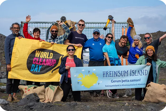 Volunteers with banners