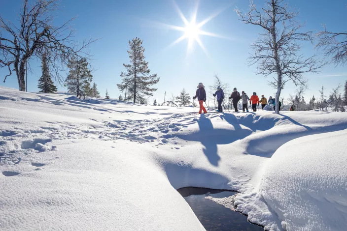 Group of people hiking through a valley of snow