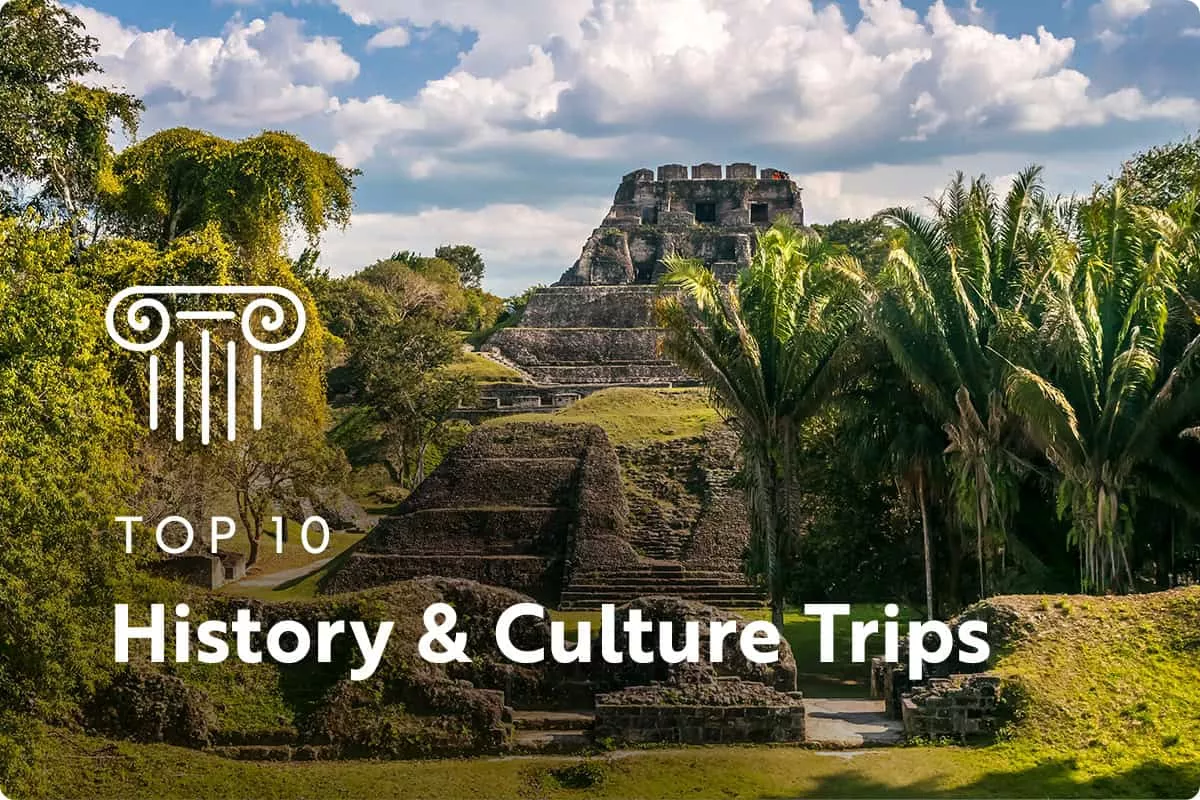 text: top 10 history & culture trips; image: stone temples surrounded by palm trees