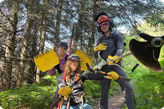 Two men and one woman holding up gardening power tools in a forest