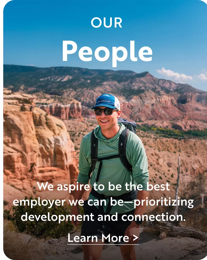 Backroads leader in a canyon, overlay text: people