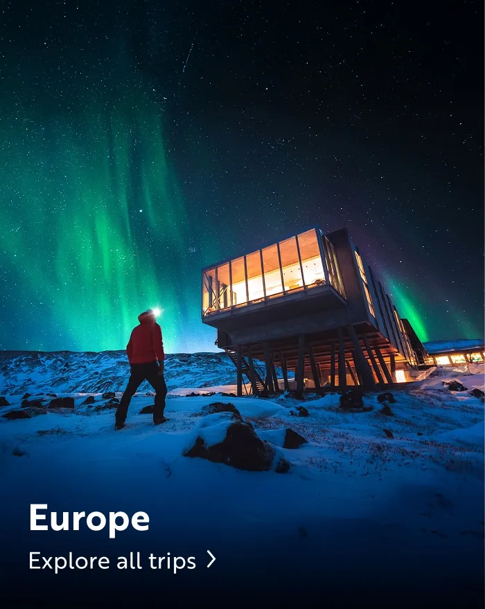 Man looking up towards the Northern Lights