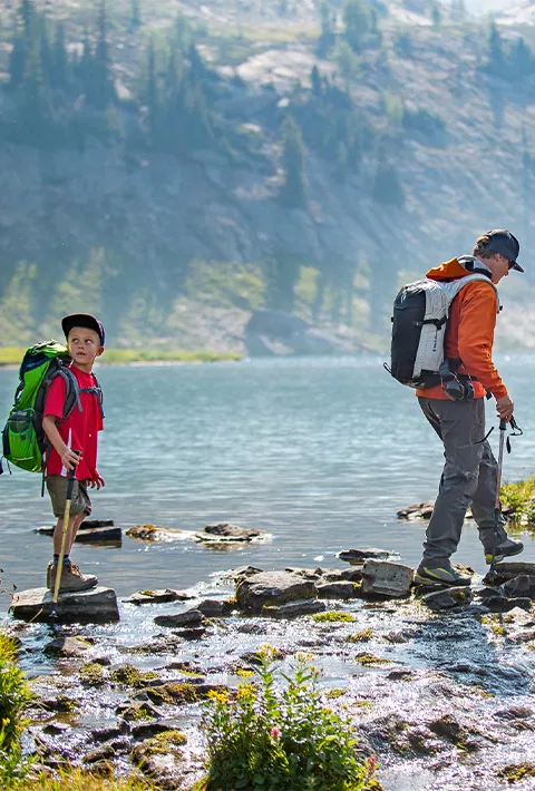 Father and young son crossing over stream