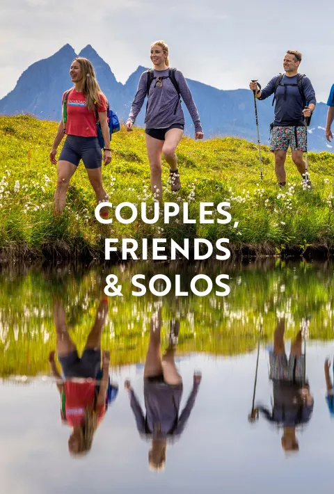 backroads travelers on a hike; text overlay: couples, friends, solos