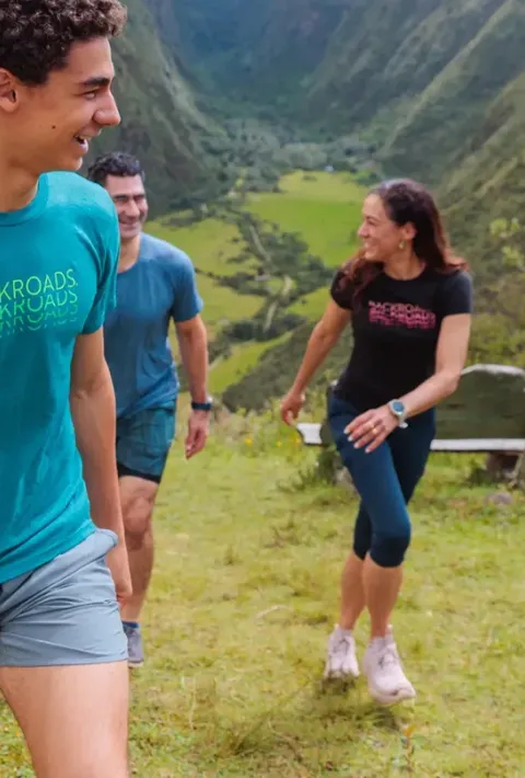 A family hiking in the Andes during a Backroads Galápagos &amp; Andes Family Multi-Adventure Tour.
