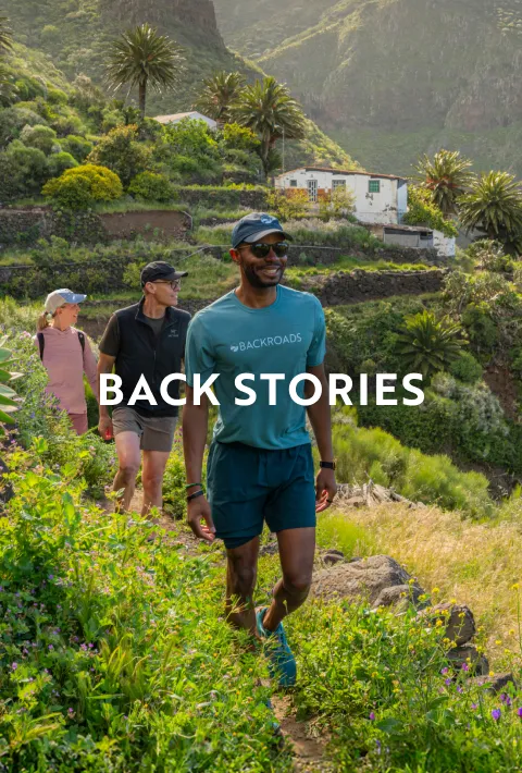 Three hikers walking along a trail on a terraced green mountain with lush vegetation with a small white cottage visible on the hillside above. Large bold white text in the center reads "BACK STORIES".
