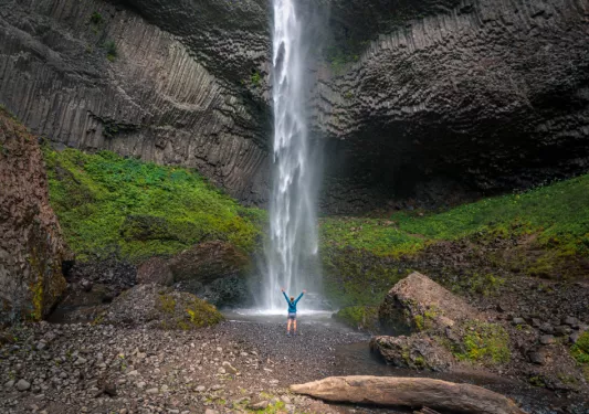 Hiker at Waterfall in Columbia River Gorge