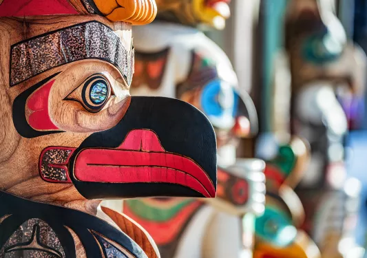 Close-up of totem pole carvings.