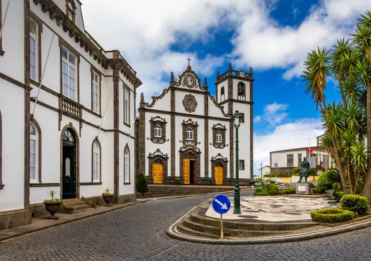 Nordeste village with white town buildings on the island of Sao Miguel, Azores, Portugal.